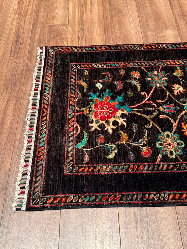 Sultani Binbirgece Yolluk Orijinal El Dokuması Siyah Kök Boya Yün Halı 0.84x237 1.99 Metrekare - 3x8 ft