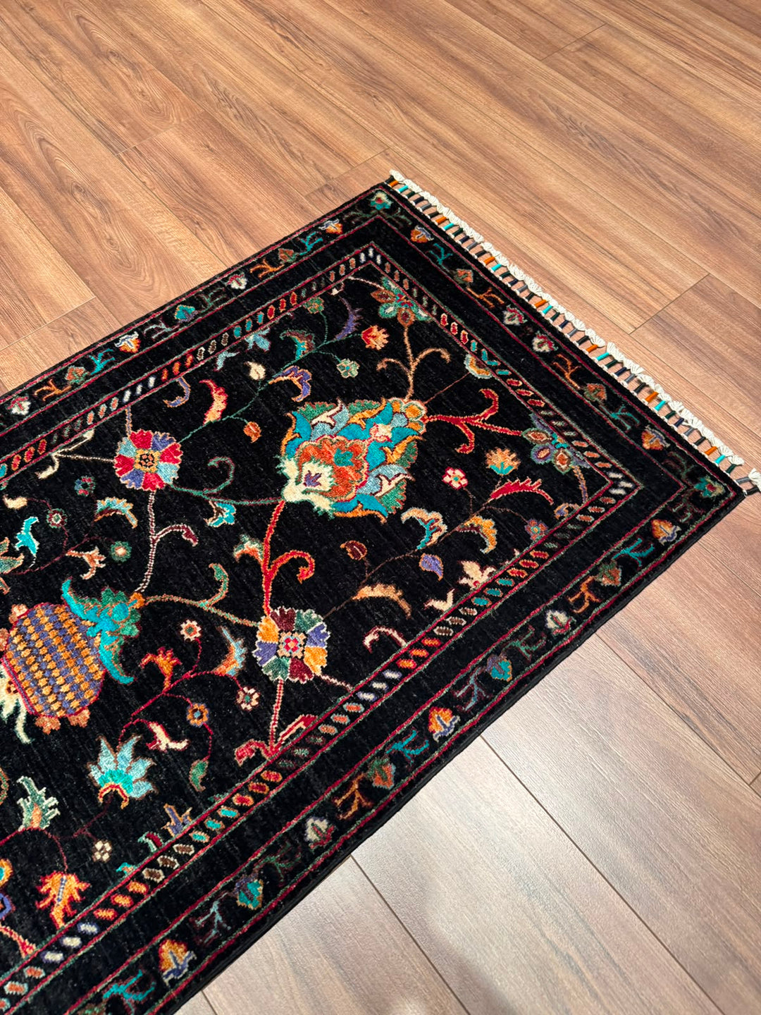 Sultani Binbirgece Yolluk Orijinal El Dokuması Siyah Kök Boya Yün Halı 0.79x251 1.98 Metrekare - 3x8 ft