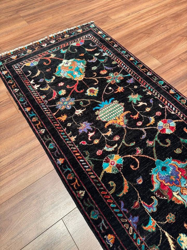 Sultani Binbirgece Yolluk Orijinal El Dokuması Siyah Kök Boya Yün Halı 0.79x251 1.98 Metrekare - 3x8 ft