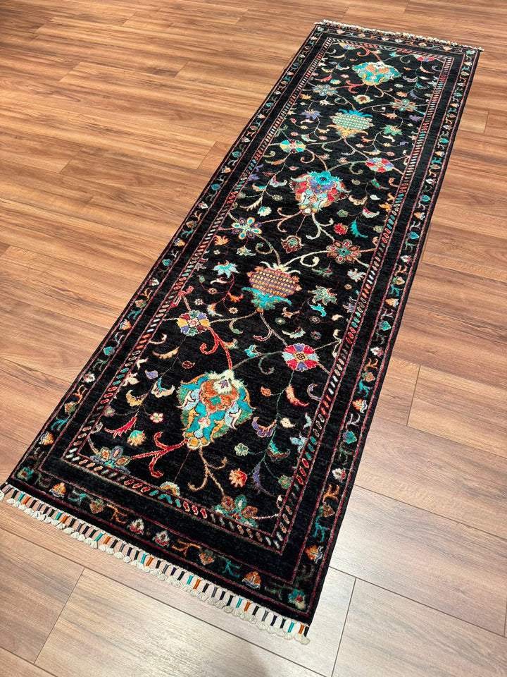 Sultani Binbirgece Yolluk Orijinal El Dokuması Siyah Kök Boya Yün Halı 0.79x251 1.98 Metrekare - 3x8 ft