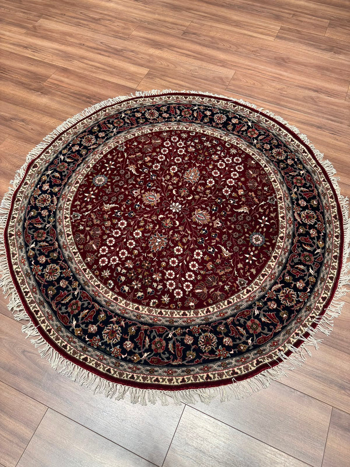 Hereke Yedi Dağın Çiçeği Yuvarlak Orijinal El Dokuması Kırmızı Mavi Yün Halı 148x148 2.19 Metrekare - 5x5 ft