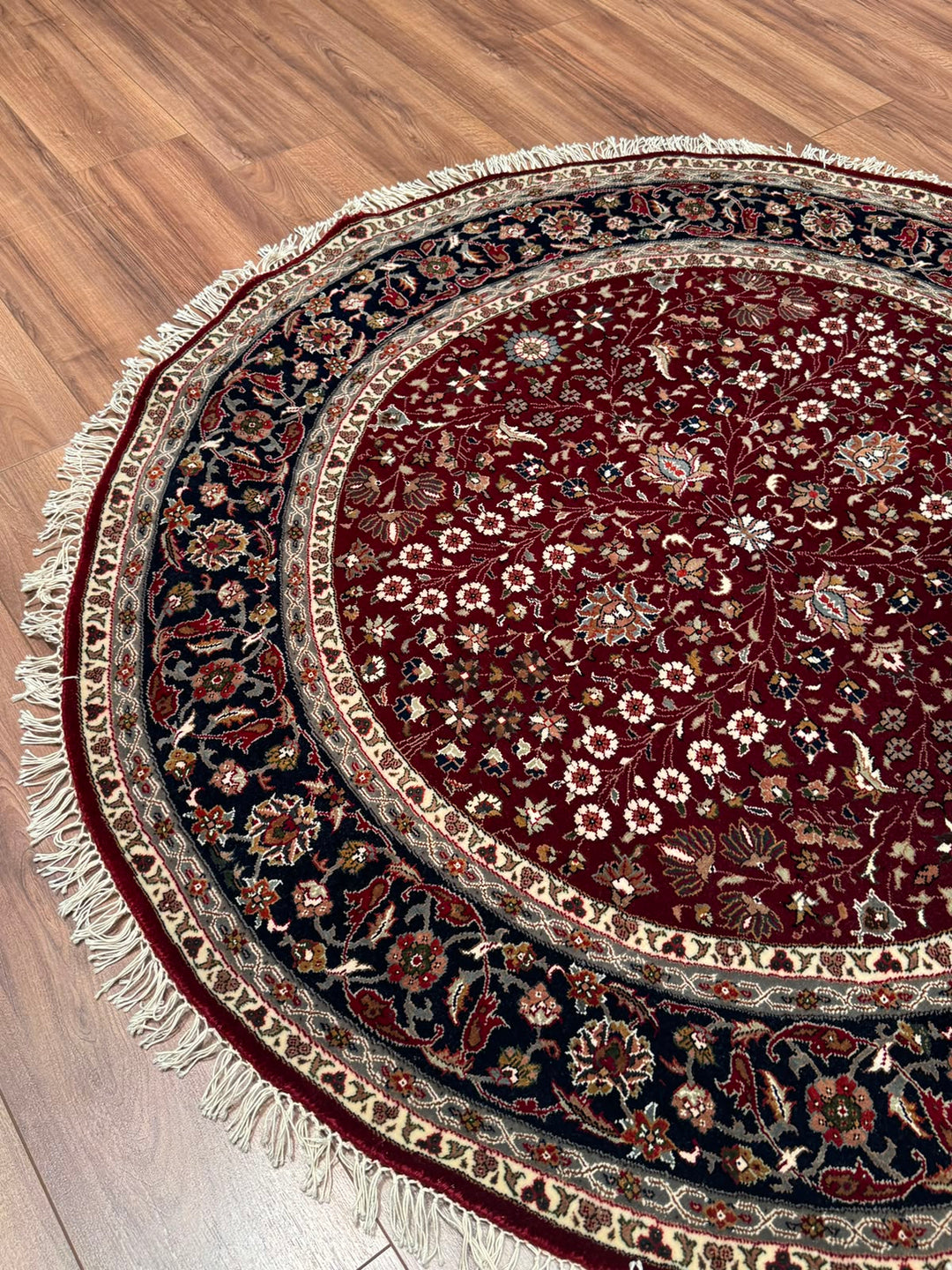 Hereke Yedi Dağın Çiçeği Yuvarlak Orijinal El Dokuması Kırmızı Mavi Yün Halı 148x148 2.19 Metrekare - 5x5 ft