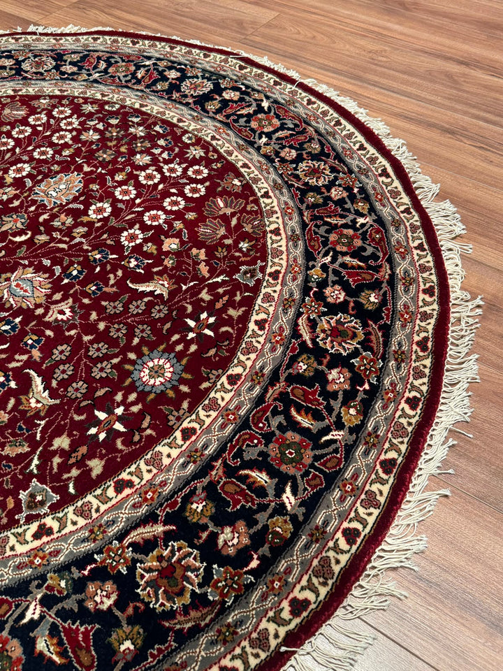 Hereke Yedi Dağın Çiçeği Yuvarlak Orijinal El Dokuması Kırmızı Mavi Yün Halı 148x148 2.19 Metrekare - 5x5 ft