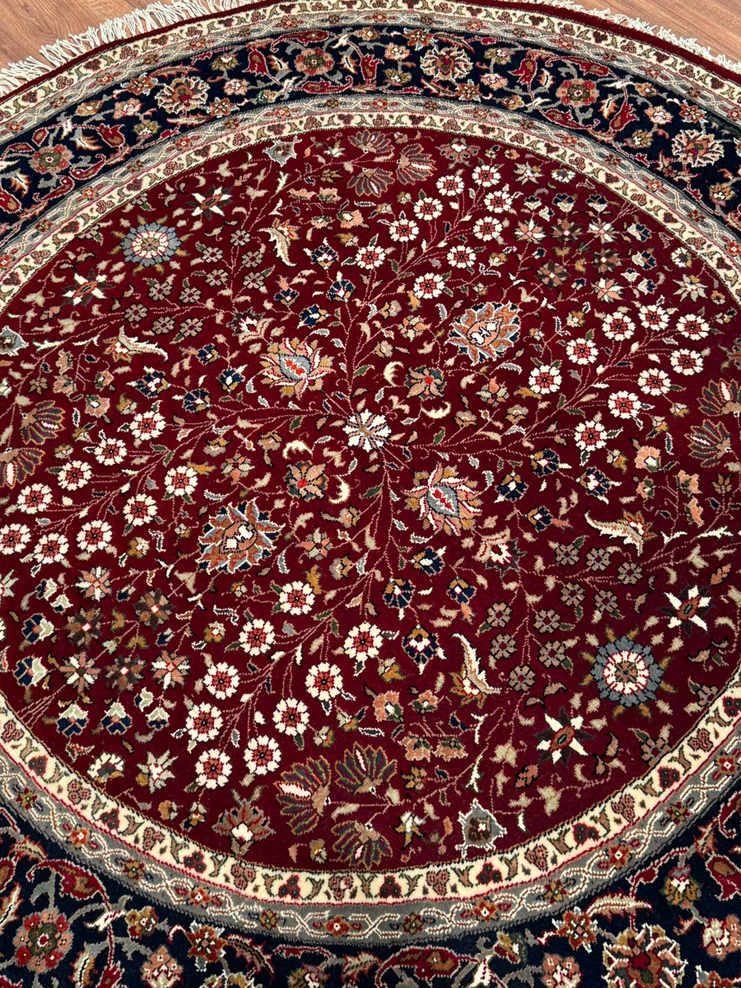 Hereke Yedi Dağın Çiçeği Yuvarlak Orijinal El Dokuması Kırmızı Mavi Yün Halı 148x148 2.19 Metrekare - 5x5 ft