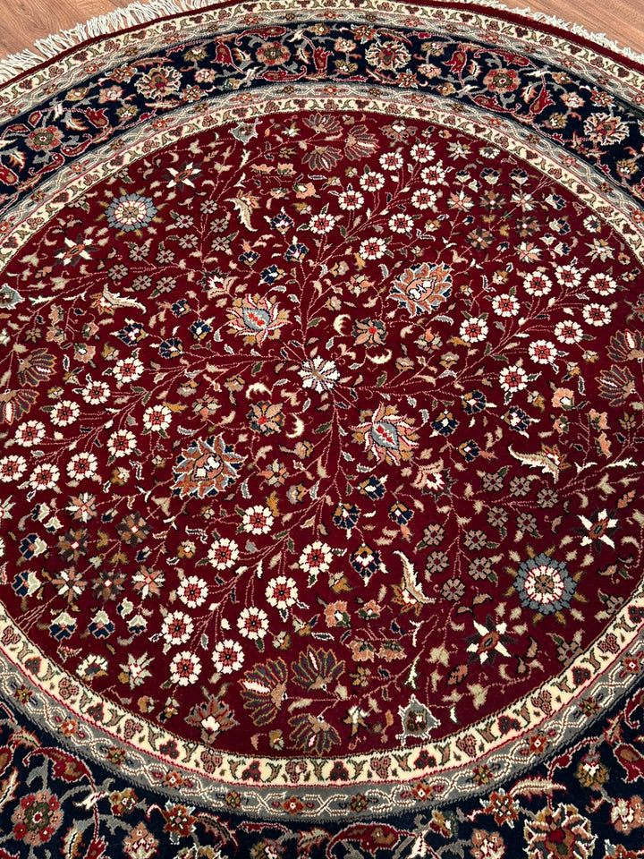 Hereke Yedi Dağın Çiçeği Yuvarlak Orijinal El Dokuması Kırmızı Mavi Yün Halı 148x148 2.19 Metrekare - 5x5 ft