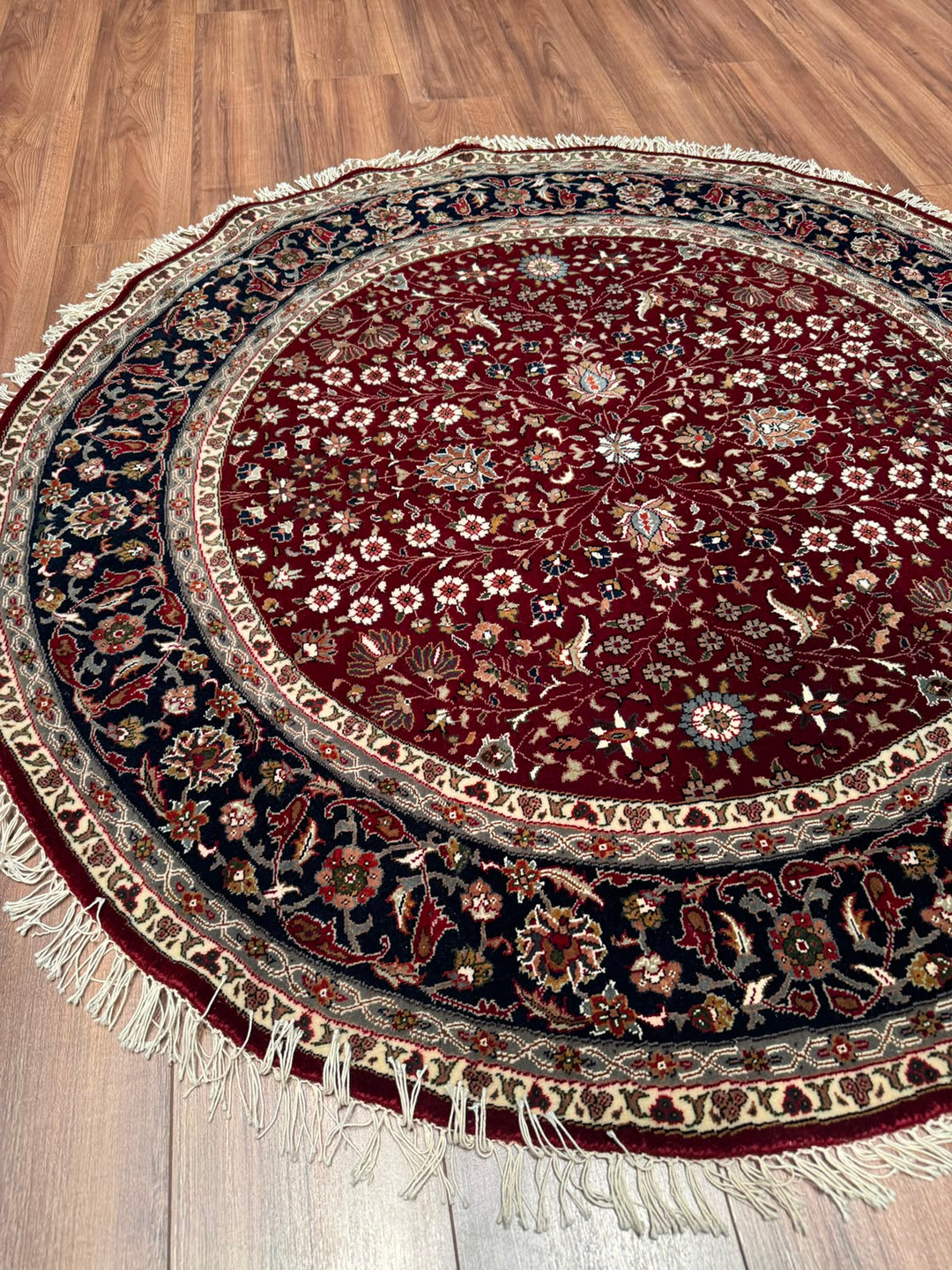Hereke Yedi Dağın Çiçeği Yuvarlak Orijinal El Dokuması Kırmızı Mavi Yün Halı 148x148 2.19 Metrekare - 5x5 ft
