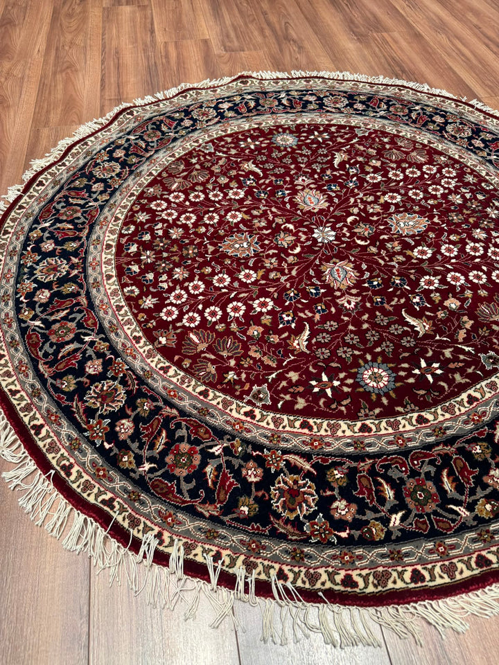 Hereke Yedi Dağın Çiçeği Yuvarlak Orijinal El Dokuması Kırmızı Mavi Yün Halı 148x148 2.19 Metrekare - 5x5 ft