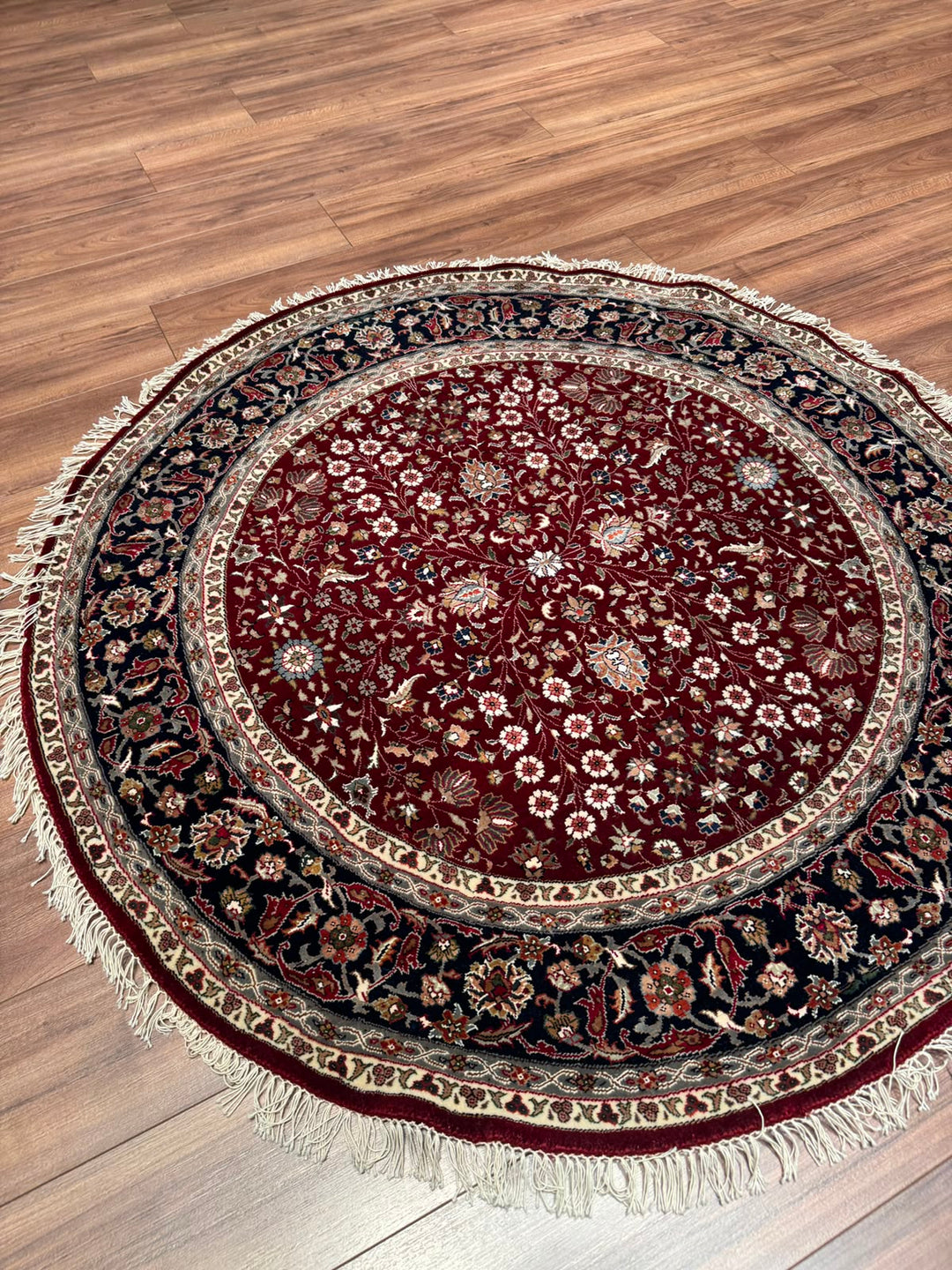 Hereke Yedi Dağın Çiçeği Yuvarlak Orijinal El Dokuması Kırmızı Mavi Yün Halı 148x148 2.19 Metrekare - 5x5 ft