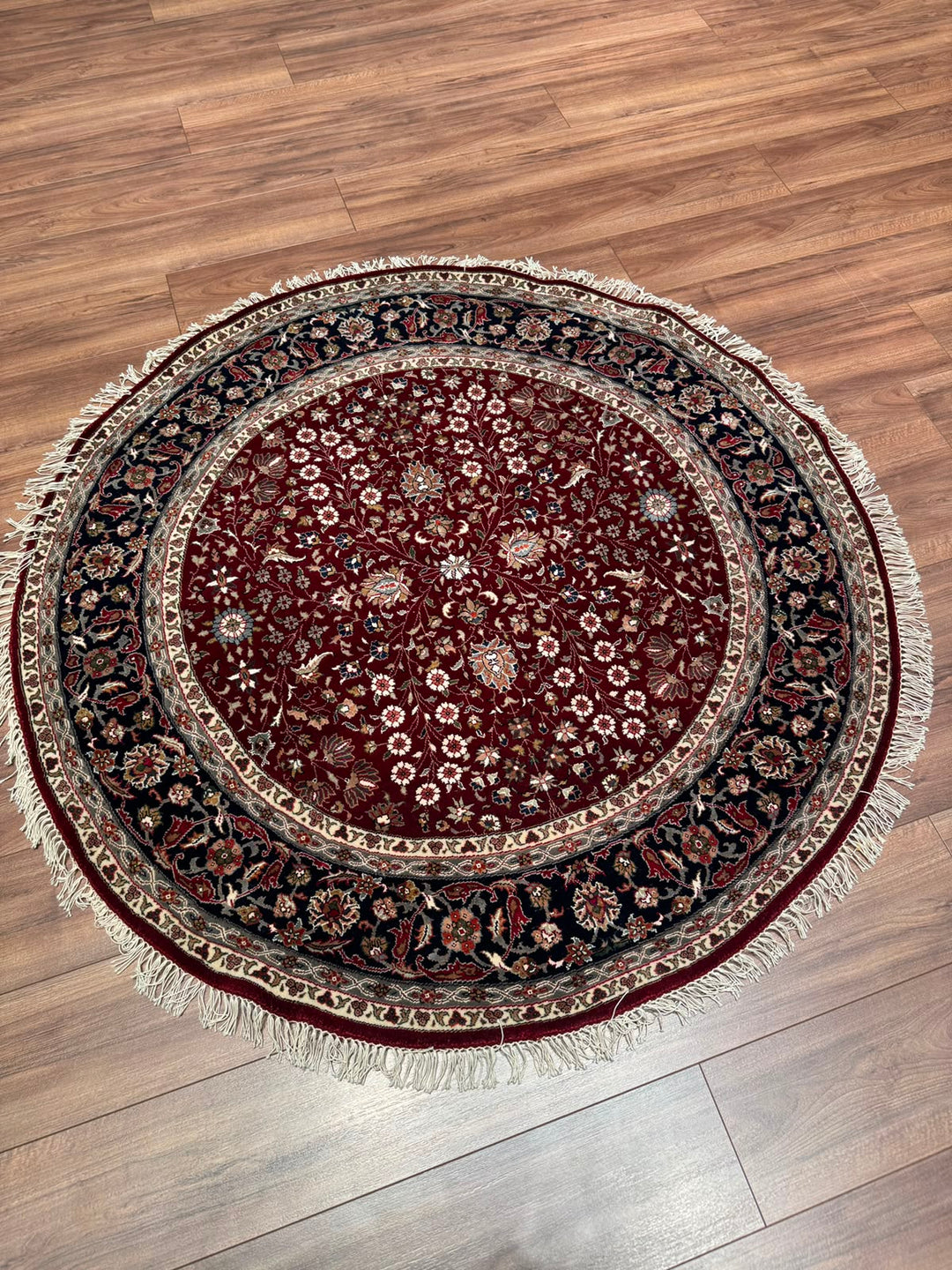 Hereke Yedi Dağın Çiçeği Yuvarlak Orijinal El Dokuması Kırmızı Mavi Yün Halı 148x148 2.19 Metrekare - 5x5 ft