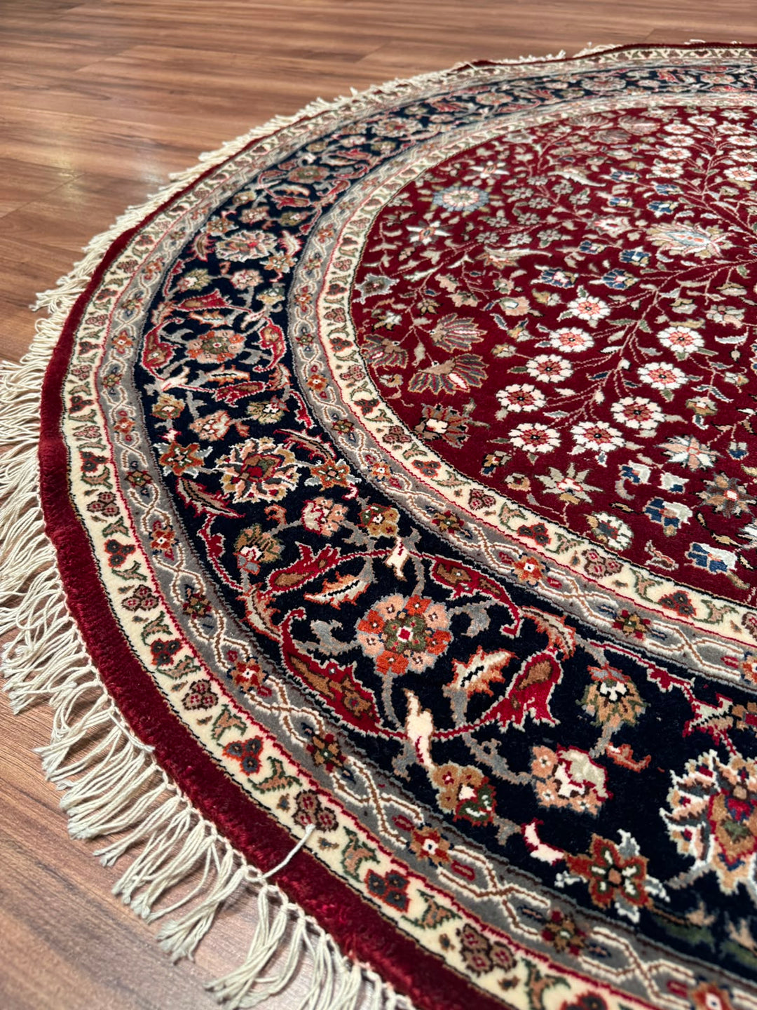 Hereke Yedi Dağın Çiçeği Yuvarlak Orijinal El Dokuması Kırmızı Mavi Yün Halı 148x148 2.19 Metrekare - 5x5 ft