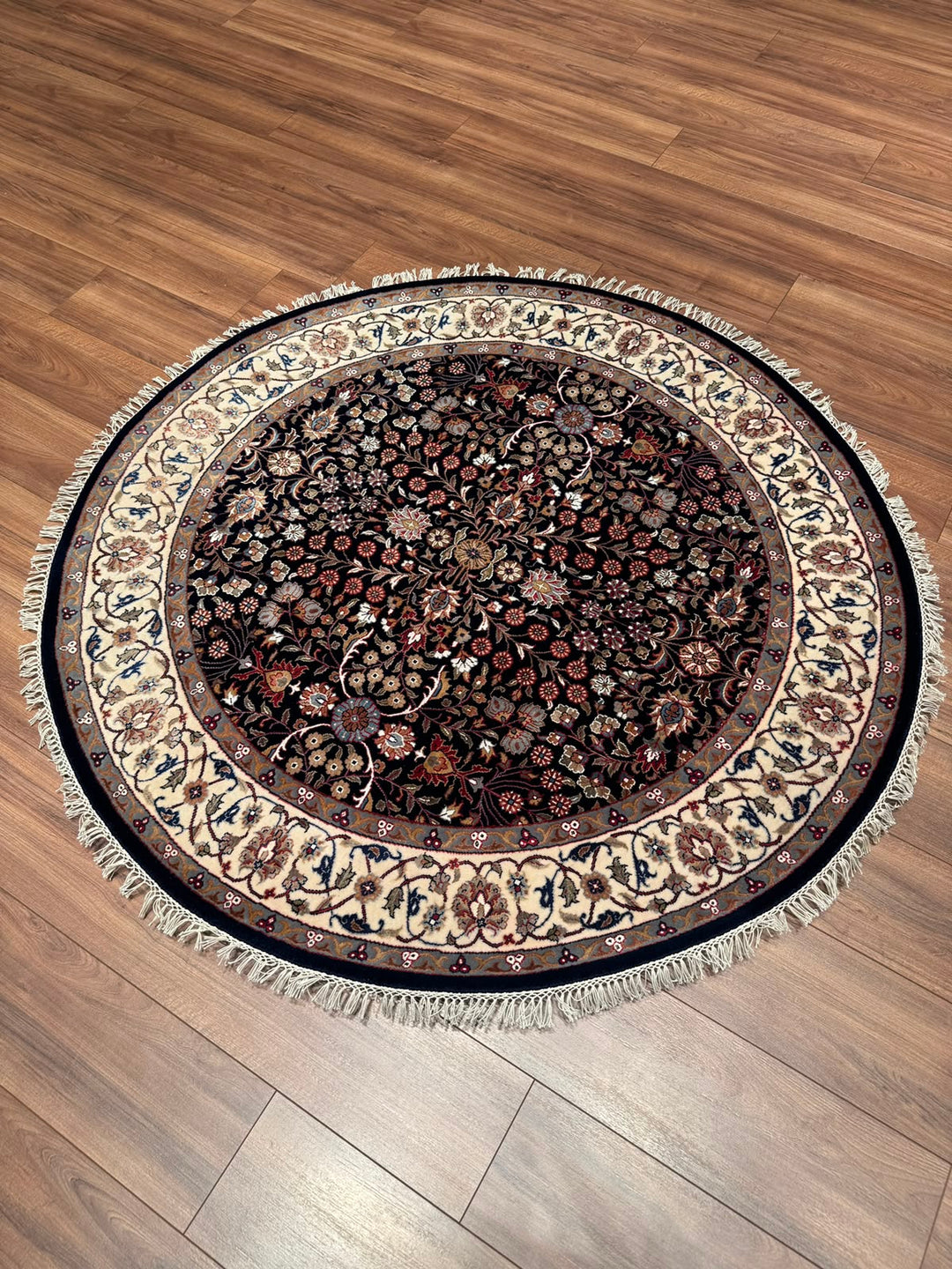 Hereke Yedi Dağın Çiçeği Yuvarlak Orijinal El Dokuması Mavi Krem Yün Halı 155x155 2.40 Metrekare - 5x5 ft