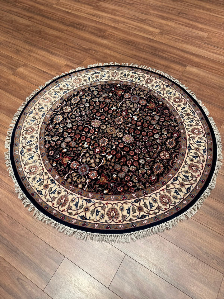 Hereke Yedi Dağın Çiçeği Yuvarlak Orijinal El Dokuması Mavi Krem Yün Halı 155x155 2.40 Metrekare - 5x5 ft