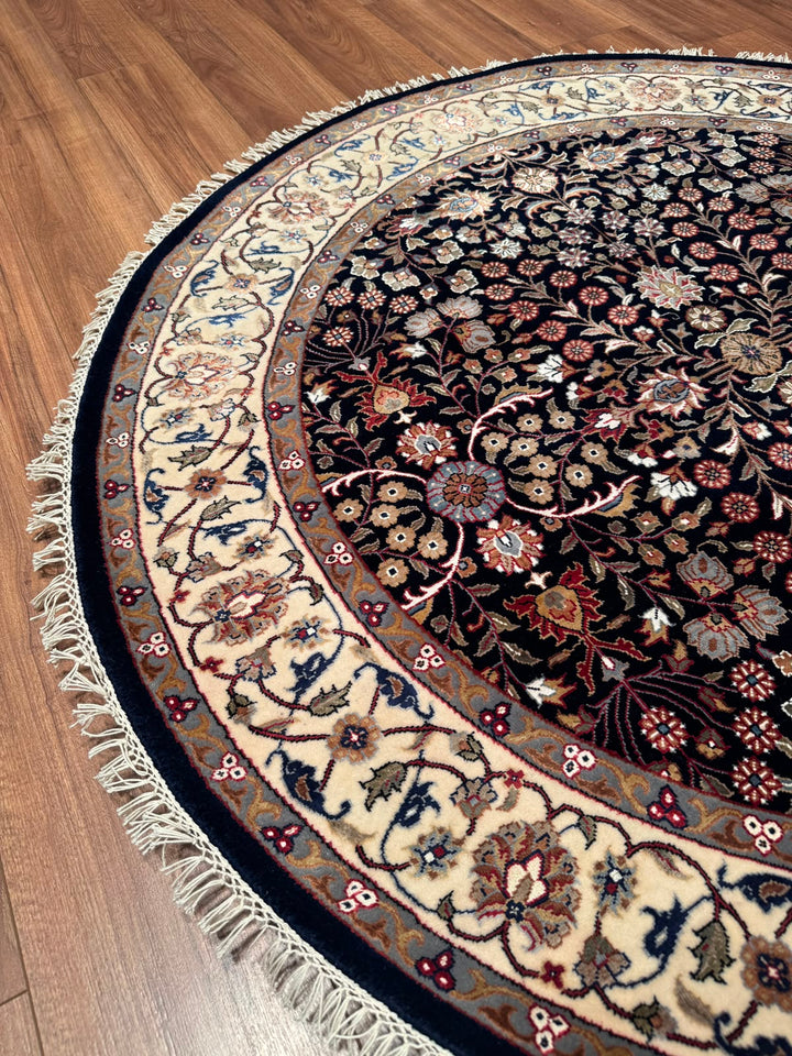 Hereke Yedi Dağın Çiçeği Yuvarlak Orijinal El Dokuması Mavi Krem Yün Halı 155x155 2.40 Metrekare - 5x5 ft