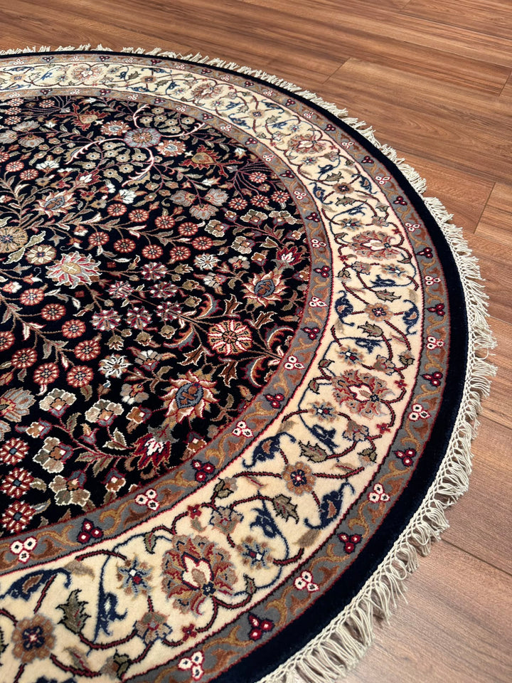 Hereke Yedi Dağın Çiçeği Yuvarlak Orijinal El Dokuması Mavi Krem Yün Halı 155x155 2.40 Metrekare - 5x5 ft