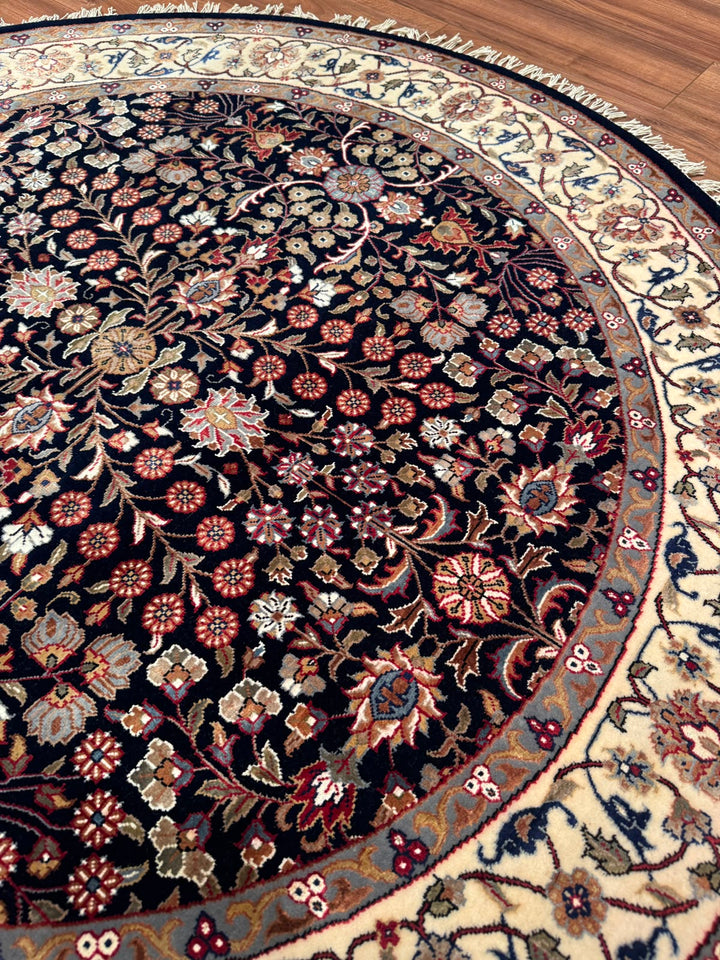 Hereke Yedi Dağın Çiçeği Yuvarlak Orijinal El Dokuması Mavi Krem Yün Halı 155x155 2.40 Metrekare - 5x5 ft
