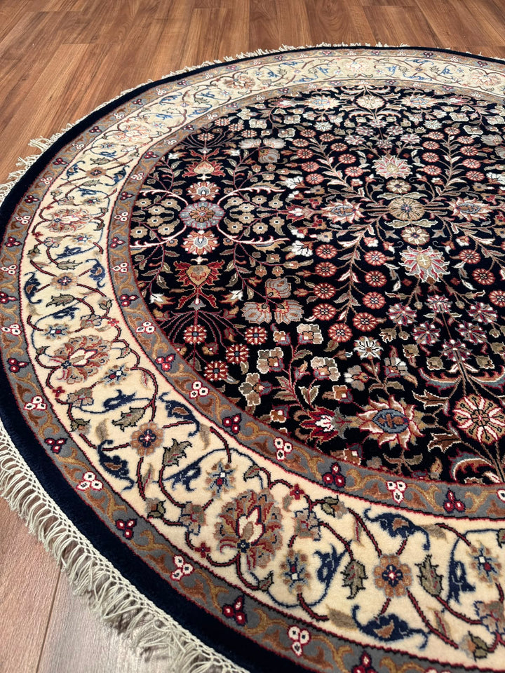 Hereke Yedi Dağın Çiçeği Yuvarlak Orijinal El Dokuması Mavi Krem Yün Halı 155x155 2.40 Metrekare - 5x5 ft