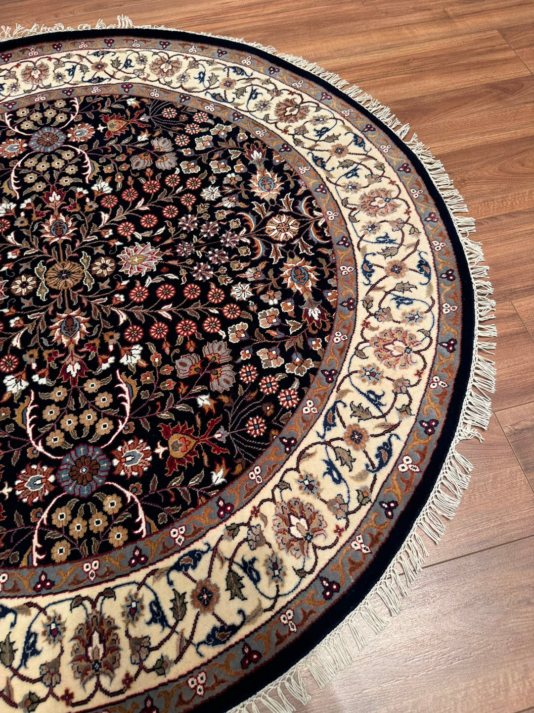 Hereke Yedi Dağın Çiçeği Yuvarlak Orijinal El Dokuması Mavi Krem Yün Halı 155x155 2.40 Metrekare - 5x5 ft