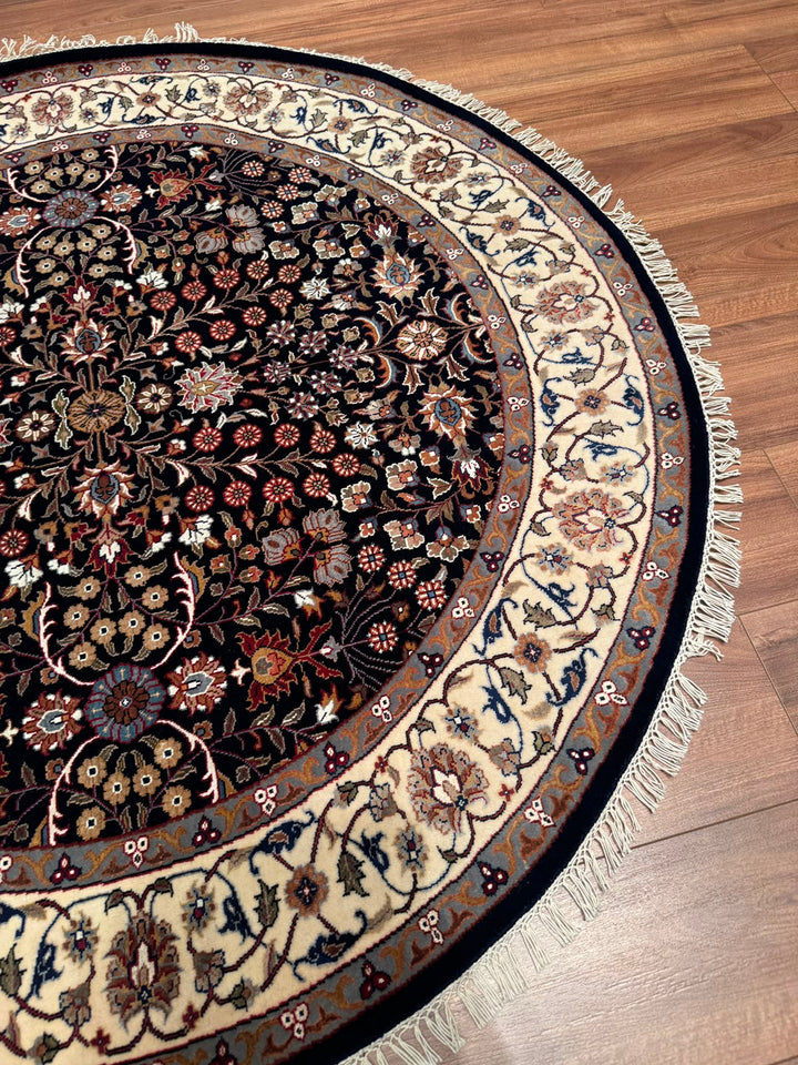 Hereke Yedi Dağın Çiçeği Yuvarlak Orijinal El Dokuması Mavi Krem Yün Halı 155x155 2.40 Metrekare - 5x5 ft