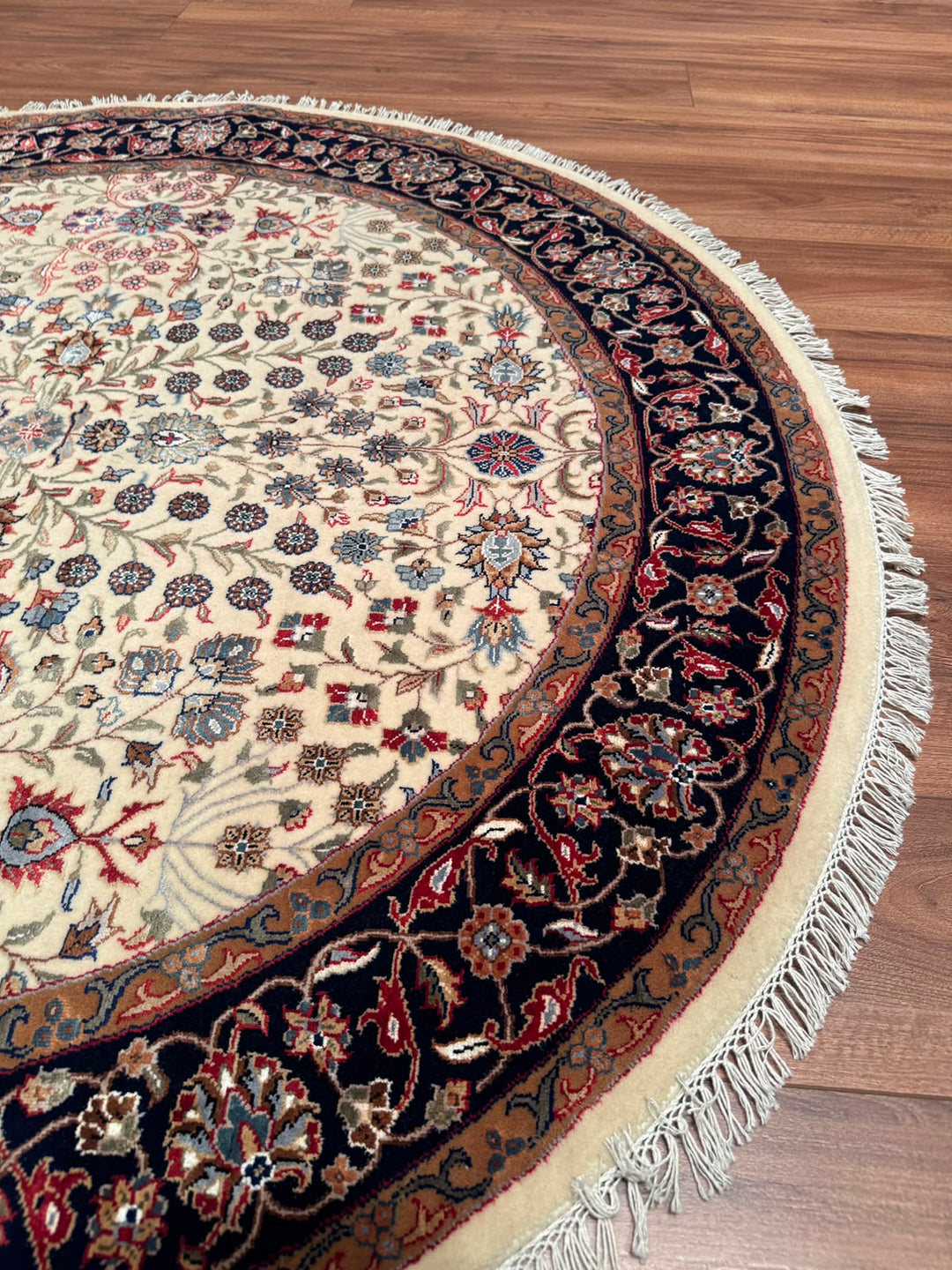 Hereke Yedi Dağın Çiçeği Yuvarlak Orijinal El Dokuması Mavi Krem Yün Halı 152x152 2.31 Metrekare - 5x5 ft