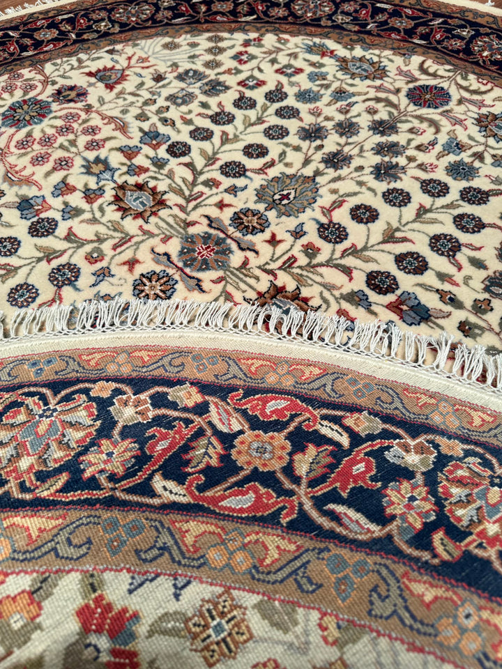 Hereke Yedi Dağın Çiçeği Yuvarlak Orijinal El Dokuması Mavi Krem Yün Halı 152x152 2.31 Metrekare - 5x5 ft