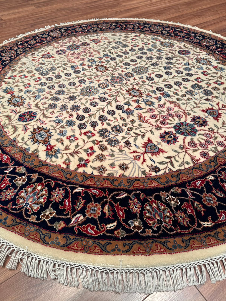 Hereke Yedi Dağın Çiçeği Yuvarlak Orijinal El Dokuması Mavi Krem Yün Halı 152x152 2.31 Metrekare - 5x5 ft