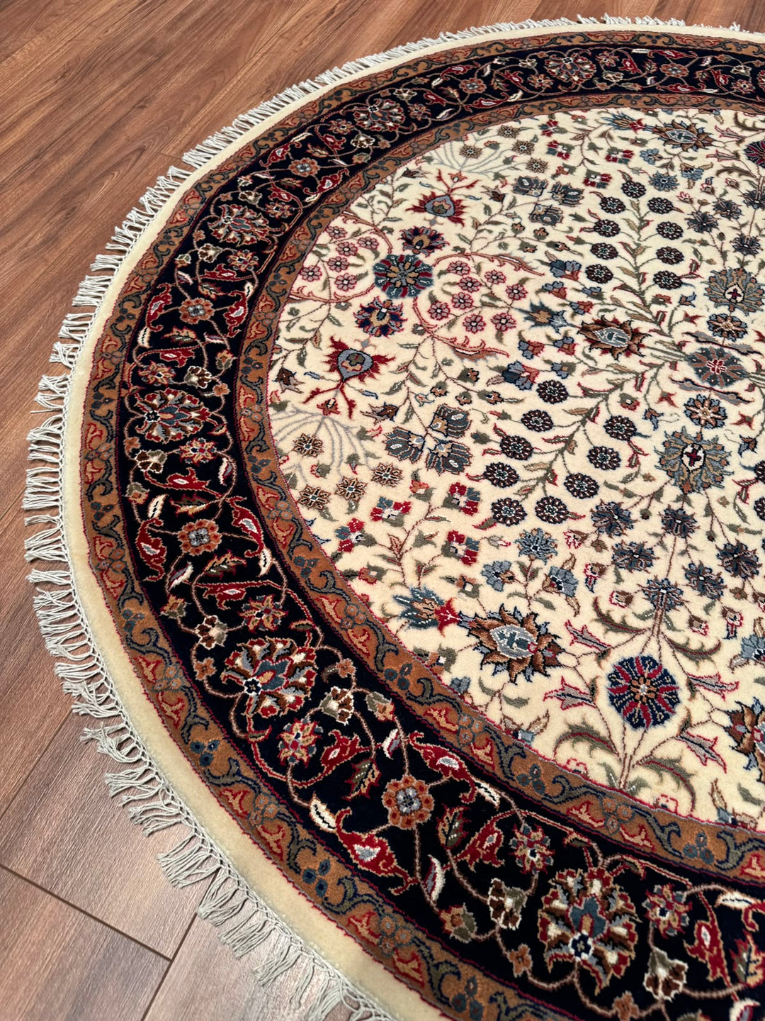 Hereke Yedi Dağın Çiçeği Yuvarlak Orijinal El Dokuması Mavi Krem Yün Halı 152x152 2.31 Metrekare - 5x5 ft