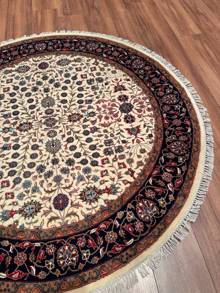 Hereke Yedi Dağın Çiçeği Yuvarlak Orijinal El Dokuması Mavi Krem Yün Halı 152x152 2.31 Metrekare - 5x5 ft