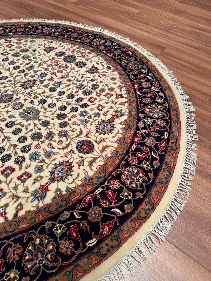 Hereke Yedi Dağın Çiçeği Yuvarlak Orijinal El Dokuması Mavi Krem Yün Halı 152x152 2.31 Metrekare - 5x5 ft