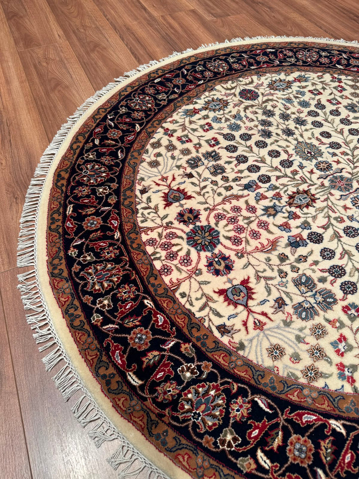 Hereke Yedi Dağın Çiçeği Yuvarlak Orijinal El Dokuması Mavi Krem Yün Halı 152x152 2.31 Metrekare - 5x5 ft