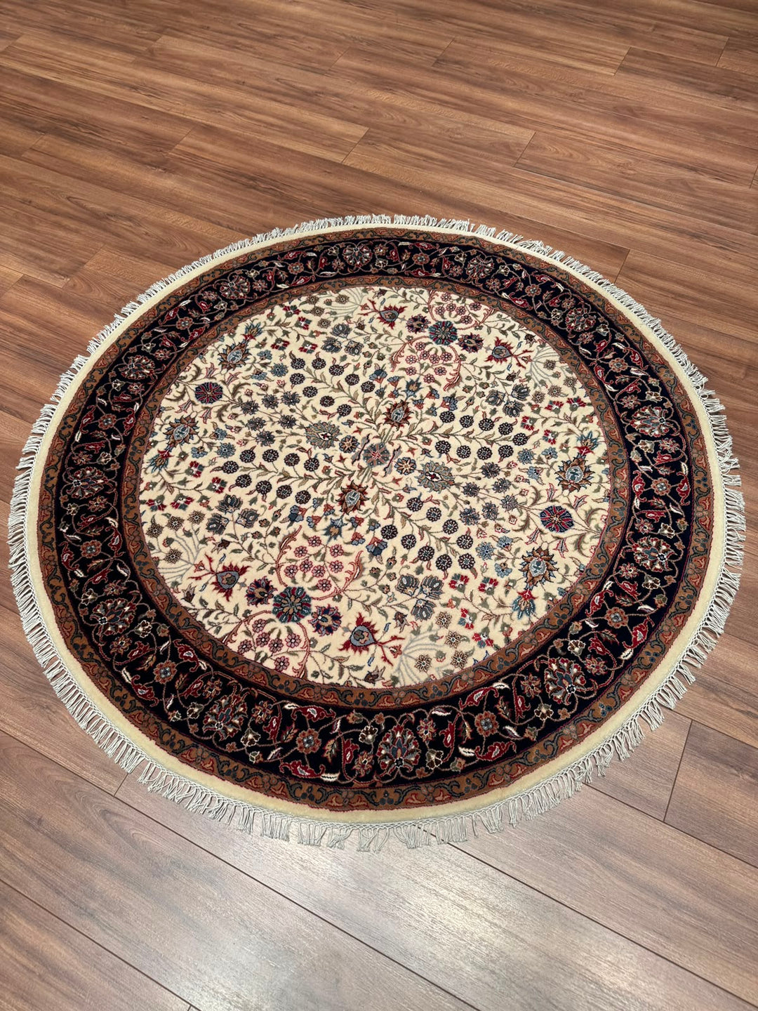 Hereke Yedi Dağın Çiçeği Yuvarlak Orijinal El Dokuması Mavi Krem Yün Halı 152x152 2.31 Metrekare - 5x5 ft