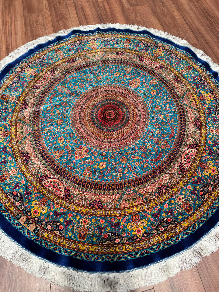 İran Kubbe Turkuaz Modal İpeği Halı 150x150 2.25 Metrekare - 5x5 ft