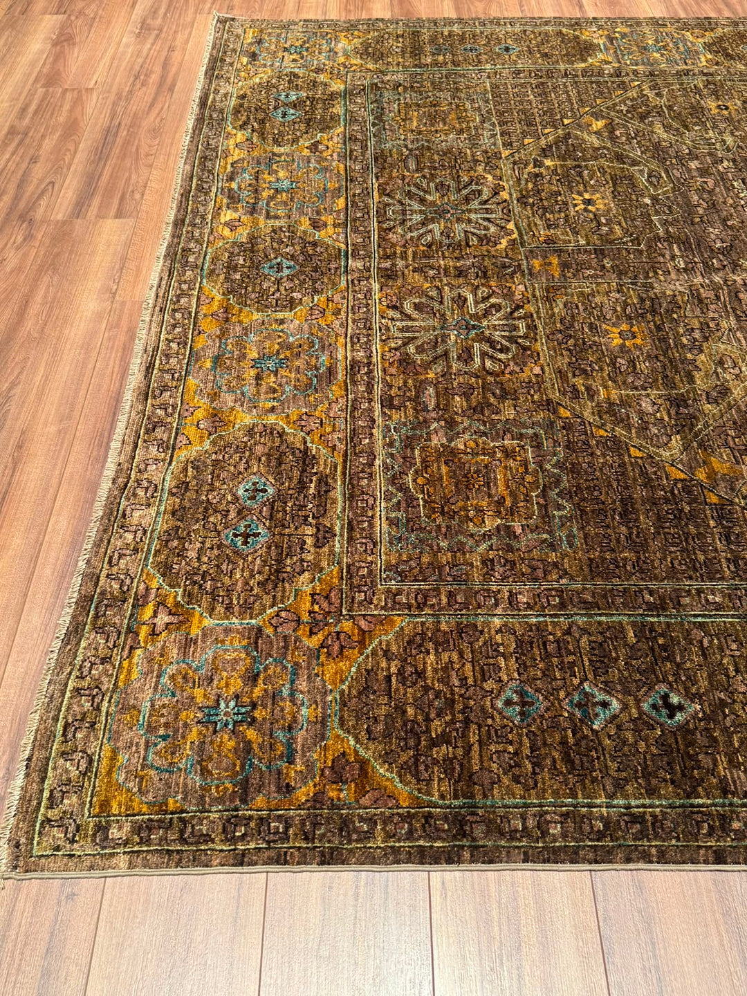 Selçuklu Orijinal El Dokuması Yeşil Kök Boya Yün Halı 244x296 7.22 Metrekare - 7x10 ft