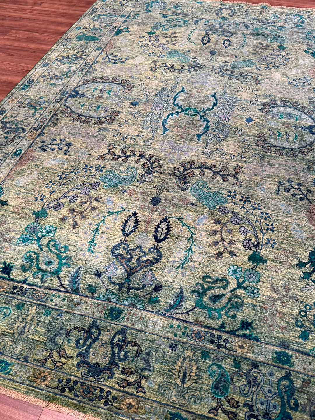 Selçuklu Orijinal El Dokuması Turkuaz Kök Boya Yün Halı 192x275 5.28 Metrekare - 7x10 ft