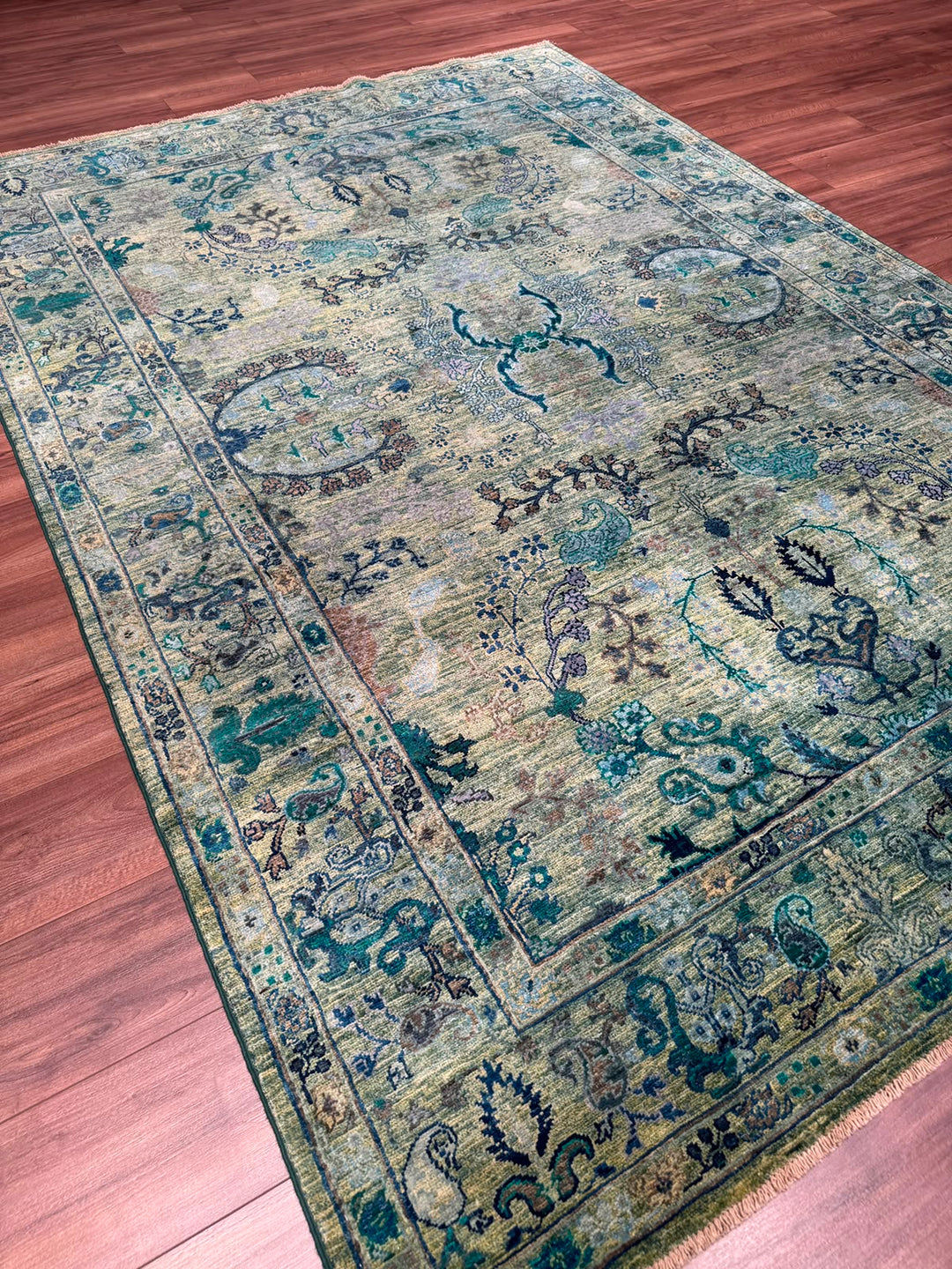 Selçuklu Orijinal El Dokuması Turkuaz Kök Boya Yün Halı 192x275 5.28 Metrekare - 7x10 ft