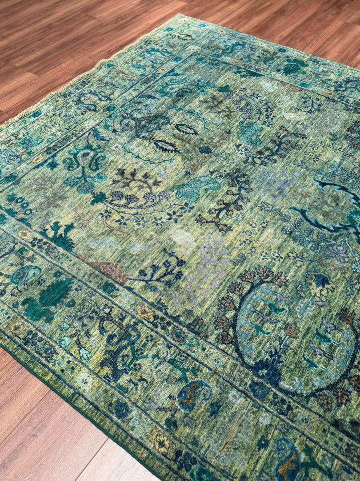 Selçuklu Orijinal El Dokuması Turkuaz Kök Boya Yün Halı 192x275 5.28 Metrekare - 7x10 ft