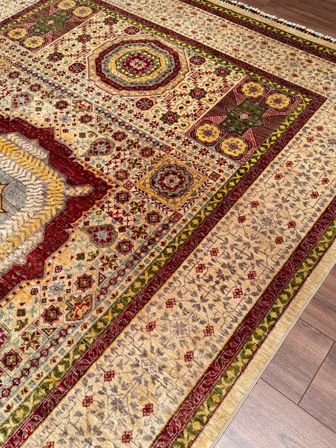 Memlük Orijinal El Dokuması Bej Kök Boya Yün Halı 209x300 6.27 Metrekare - 7x10 ft
