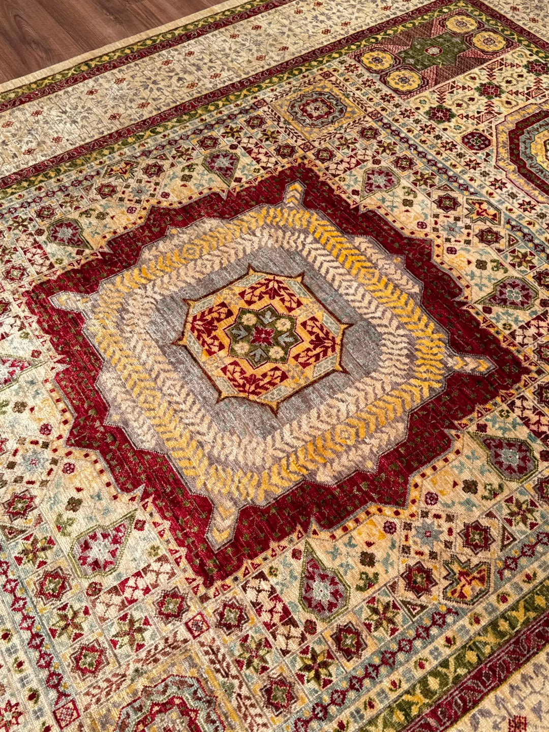 Memlük Orijinal El Dokuması Bej Kök Boya Yün Halı 209x300 6.27 Metrekare - 7x10 ft
