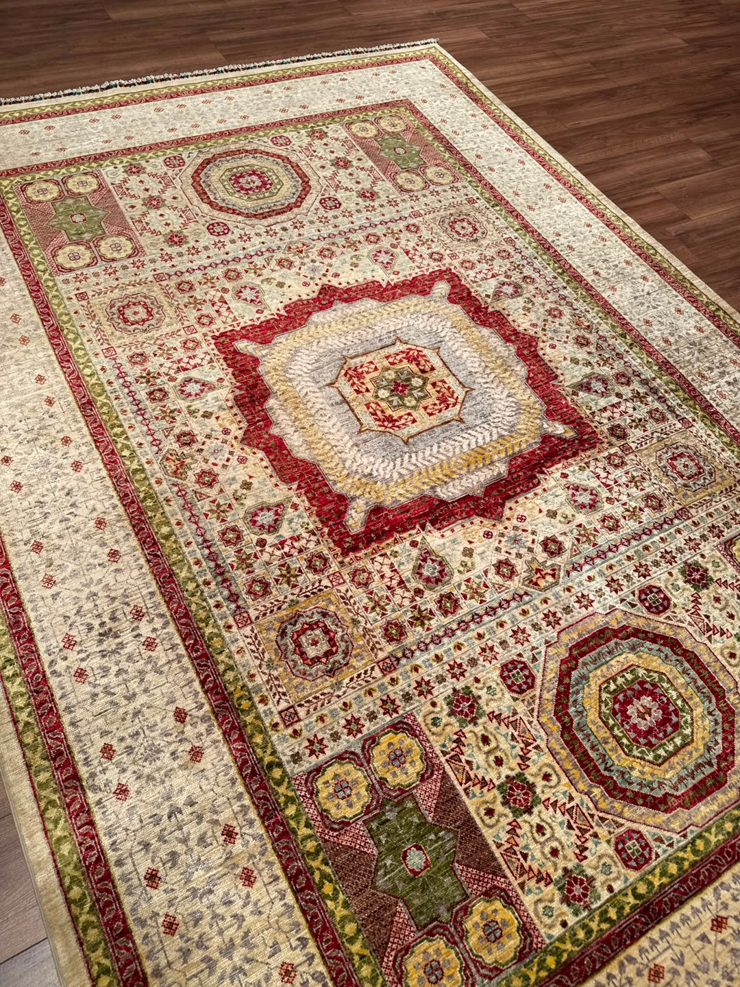 Memlük Orijinal El Dokuması Bej Kök Boya Yün Halı 209x300 6.27 Metrekare - 7x10 ft