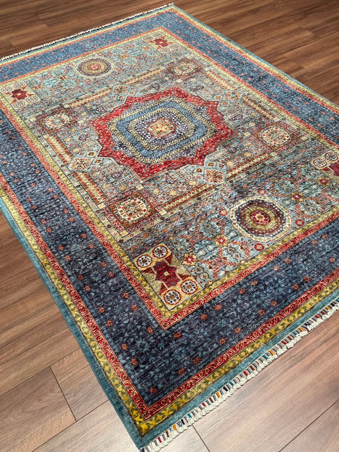 Memlük Orijinal El Dokuması Turkuaz Kök Boya Yün Halı 171x223 3.81 Metrekare - 5x8 ft