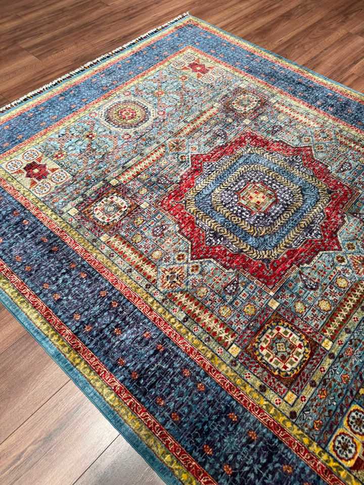 Memlük Orijinal El Dokuması Turkuaz Kök Boya Yün Halı 171x223 3.81 Metrekare - 5x8 ft