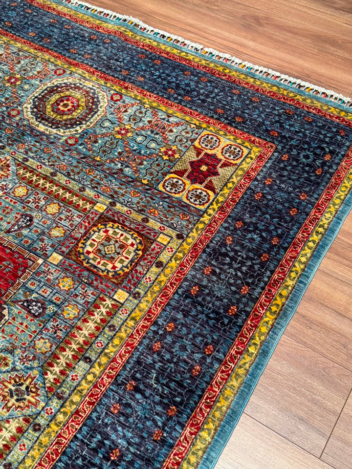 Memlük Orijinal El Dokuması Turkuaz Kök Boya Yün Halı 171x223 3.81 Metrekare - 5x8 ft
