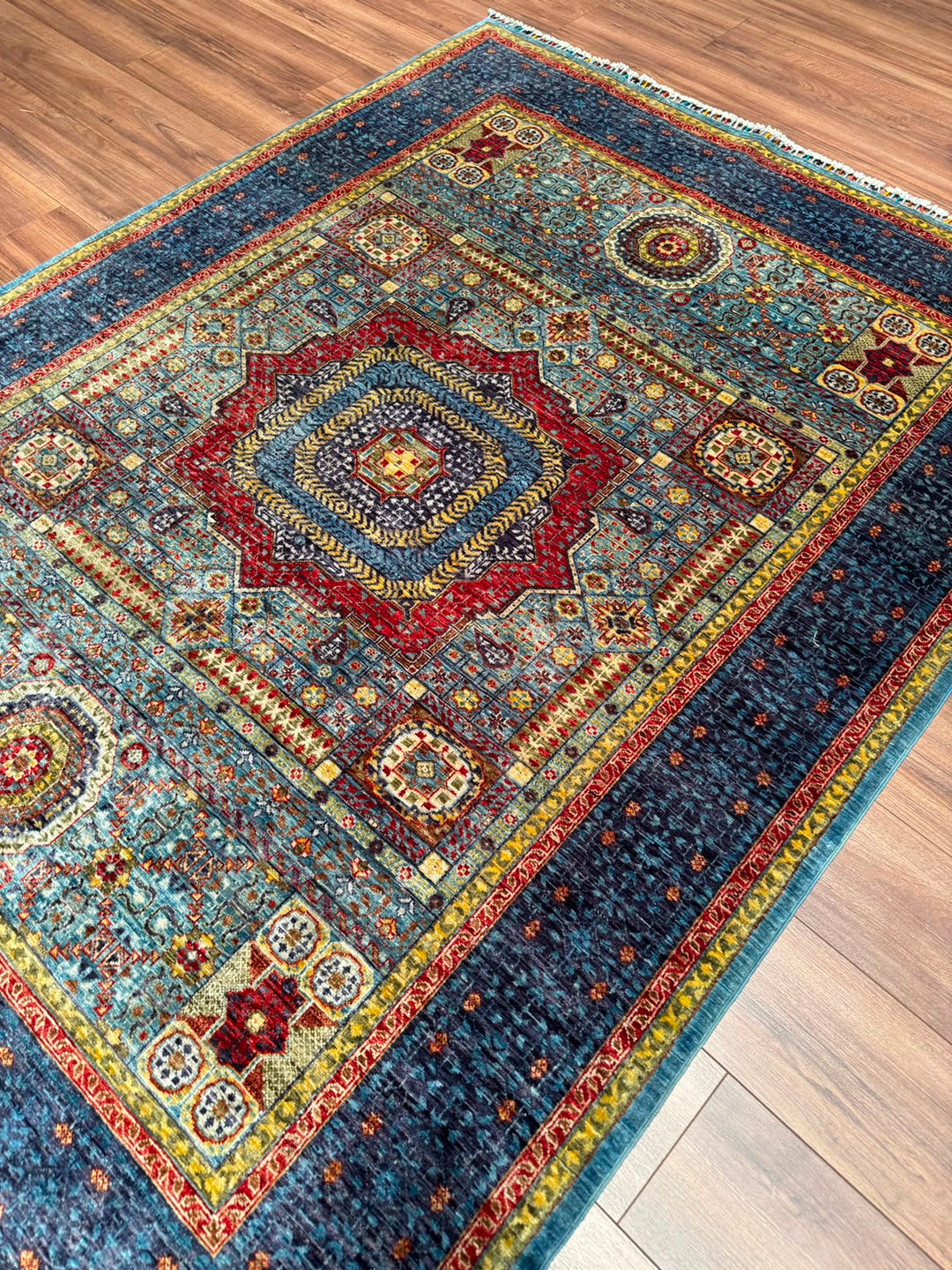 Memlük Orijinal El Dokuması Turkuaz Kök Boya Yün Halı 171x223 3.81 Metrekare - 5x8 ft