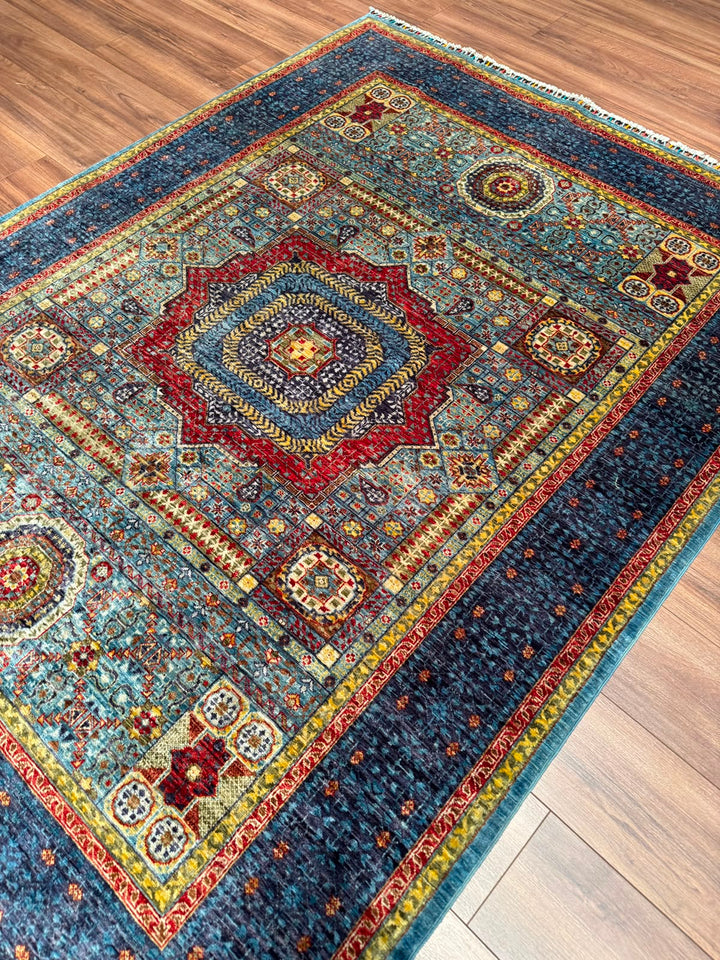 Memlük Orijinal El Dokuması Turkuaz Kök Boya Yün Halı 171x223 3.81 Metrekare - 5x8 ft