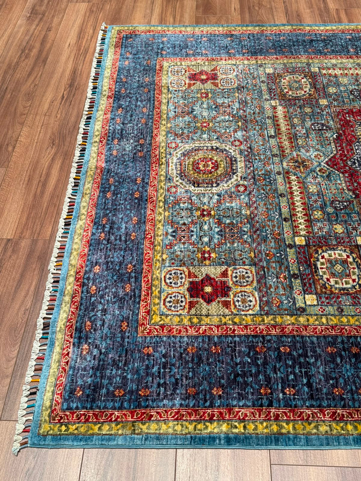 Memlük Orijinal El Dokuması Turkuaz Kök Boya Yün Halı 171x223 3.81 Metrekare - 5x8 ft
