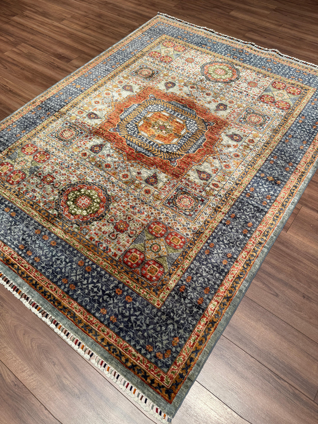Memlük Orijinal El Dokuması Gri Kök Boya Yün Halı 173x231 4 Metrekare - 5x8 ft
