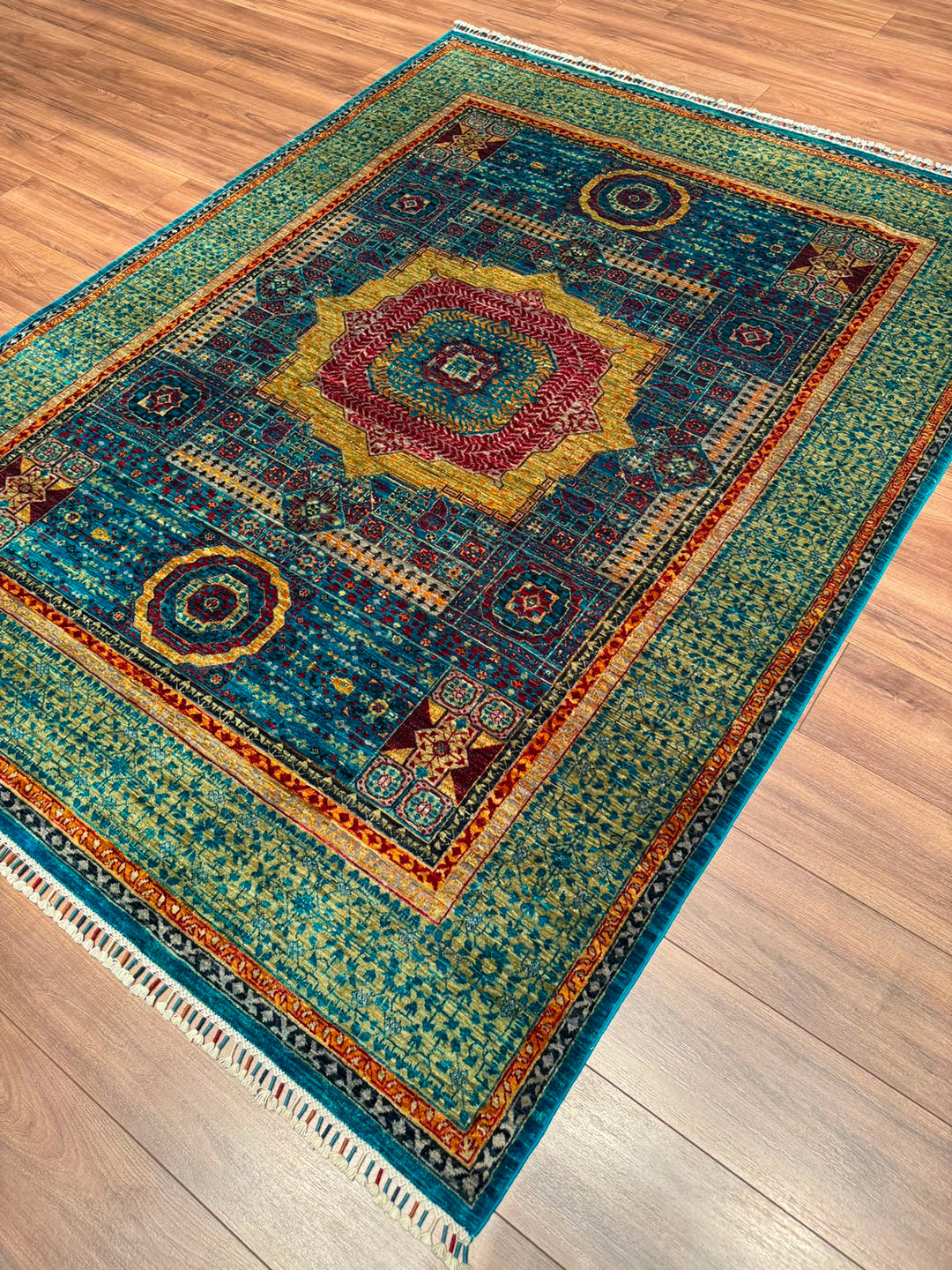 Memlük Orijinal El Dokuması Turkuaz Kök Boya Yün Halı 179x235 4.21 Metrekare - 5x8 ft