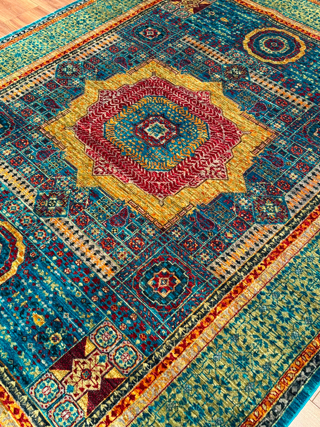 Memlük Orijinal El Dokuması Turkuaz Kök Boya Yün Halı 179x235 4.21 Metrekare - 5x8 ft