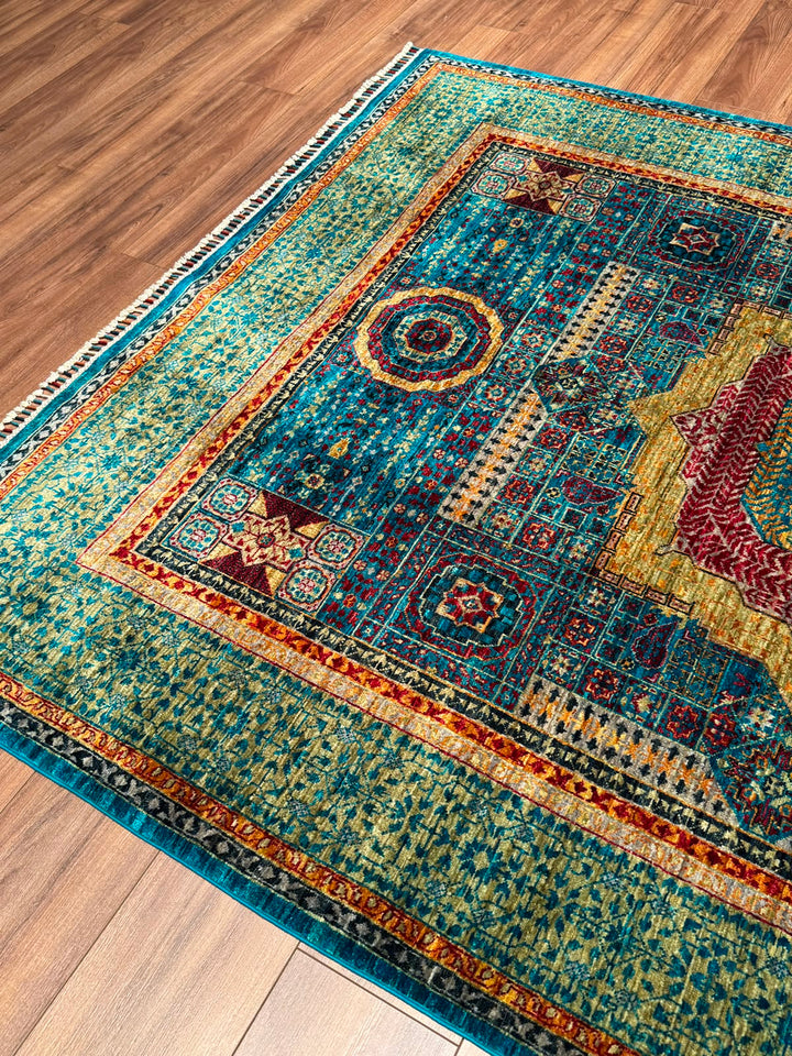 Memlük Orijinal El Dokuması Turkuaz Kök Boya Yün Halı 179x235 4.21 Metrekare - 5x8 ft