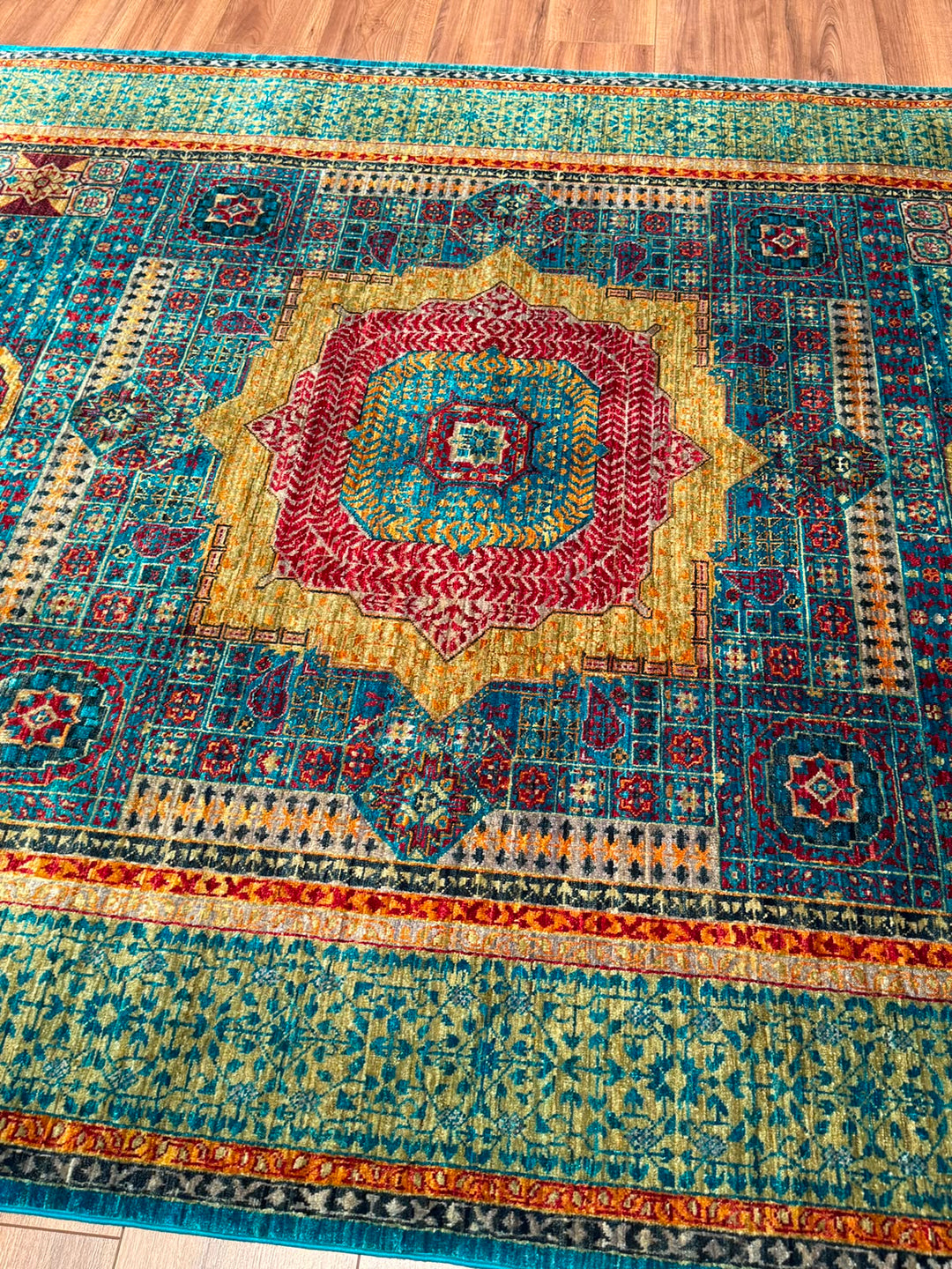 Memlük Orijinal El Dokuması Turkuaz Kök Boya Yün Halı 179x235 4.21 Metrekare - 5x8 ft