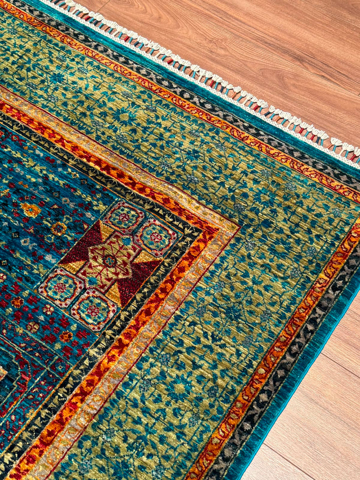 Memlük Orijinal El Dokuması Turkuaz Kök Boya Yün Halı 179x235 4.21 Metrekare - 5x8 ft